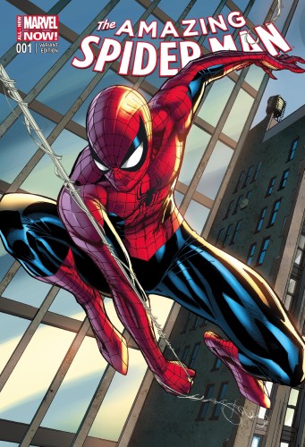 The Amazing Spider-Man #001 cover, showing the titular character swinging among skyscrapers. 