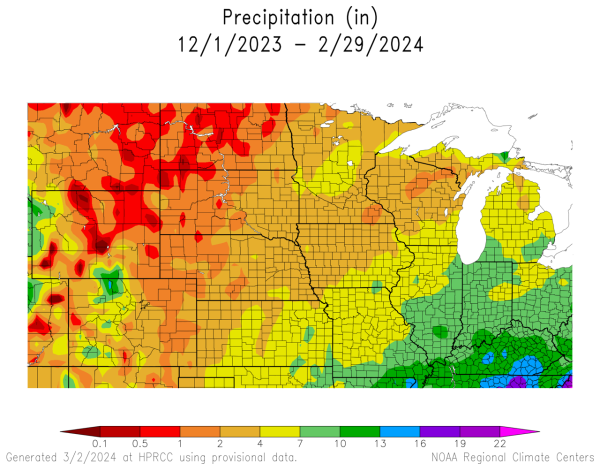 The map shows the amount of precipitation received across the central US from December 1 through February 29, 2024.