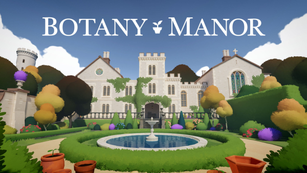 Écrit en blanc Botany Manor, en fond un beau manoir médiéval avec une fontaine en marbre et énormément de verdure. Des pots en terre, des buissons fleuris, des arbres jaunissants, du lierre sur les murs