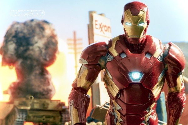Iron Man walking away from exploding tank