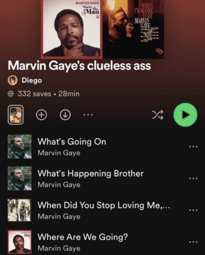 A screenshot of a digital music streaming service showing a playlist titled "Marvin Gaye's clueless ass" with a list of song titles by Marvin Gaye, including "What's Going On",  "Where Are We”, “What’s Happening Brother” and “When Did You Stop Loving Me”.