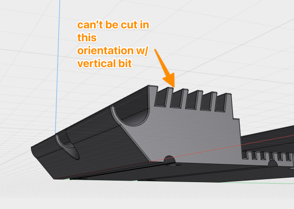 screenshot from a 3d model showing a series of 5 angled slots next to a pen holder. The annotation says "can't be cut in this orientation with vertical bit" and points to the slots in question.