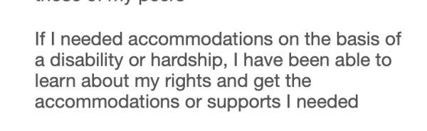 If | needed accommodations on the basis of a disability or hardship, | have been able to learn about my rights and get the accommodations or supports | needed 