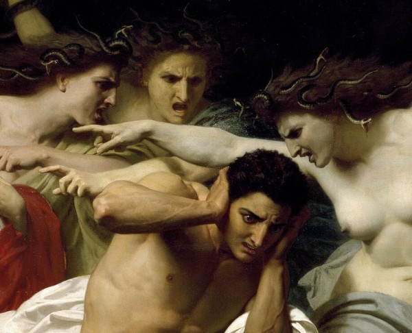 Detail of a neoclassical painting of orestes tormented by the furies