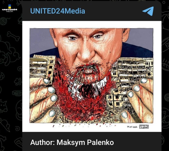 Image of the wanted war criminal putin destroying Ukrainians with blood coming out of his mouth. There is an arrest warrant for Putin for his genocide of Ukrainians.