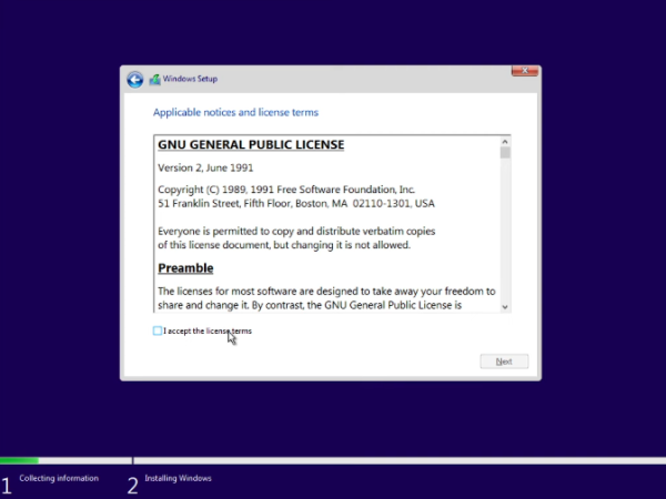 Windows installer screenshot showing "Applicable notices and license terms", but instead of the Windows EULA it has the GNU General Public License version 2.