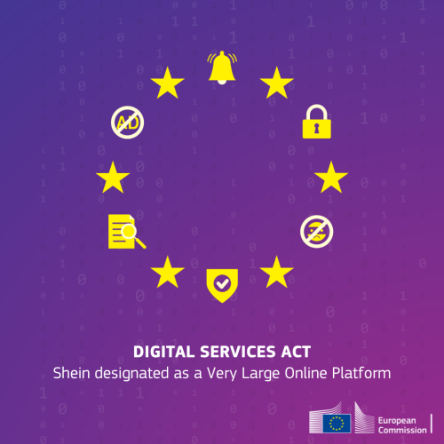 A visual depicting the EU flag alternating stars with a bell, a lock, a crossed-out thief silhouette, a shield, a magnifying glass, and a crossed-out ‘AD’ text. At the centre is a ballot box with a hand casting an EU-flag-themed ballot. Below is the test “DIGITAL SERVICES ACT – Shein designated as a Very Large Online Platform".