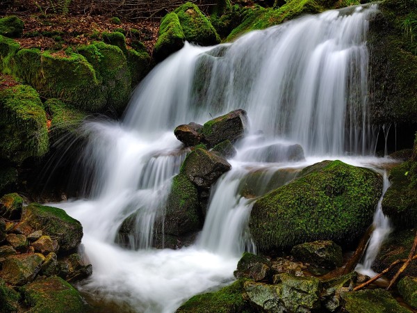 Eine große Wasserfallkaskade in einem Wald mit moosigen Steinen