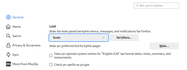 Screenshot of Firefox showing the "Scotts" language enabled