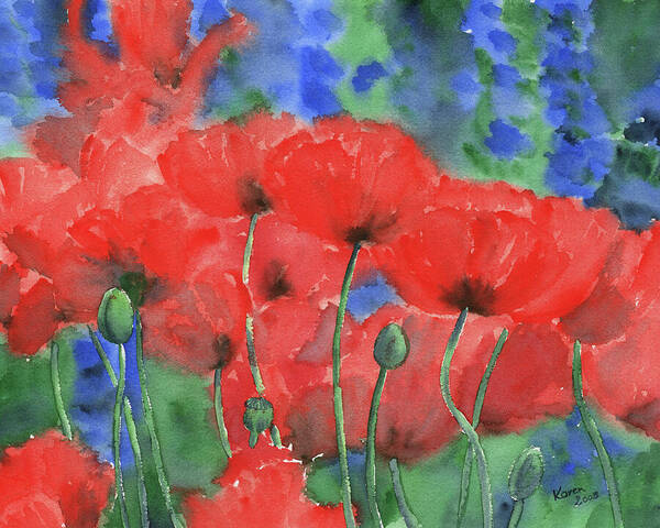 Red poppies with blue delphinium flowers is a hand-painted watercolour painting in landscape format by the artist Karen Kaspar.
Bright red poppies and deep blue delphiniums bloom together in a flower bed in a summer garden. The red poppies are the focal point of the painting. Their luminosity is further emphasised by the contrasting background of cool blue and green tones. The picture is painted in a loose, flowing style, which gives the flowers a sense of movement, as if they are swaying in the summer wind.