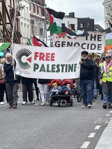Two enormous banners at the front of the march read STOP THE GENOCIDE and FREE PALESTINE.  Irish and Palestinian flags are being flown.  Two very young children in a double buggy are leading the way.
