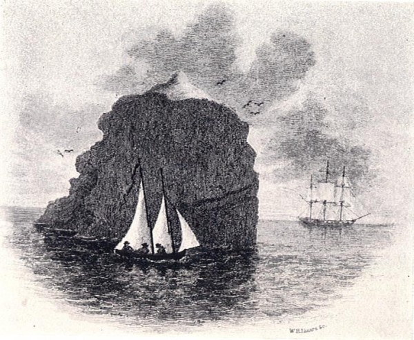 An illustration of the landing party trying to reach Rockall by boat. The HMS Endymion is in the background.