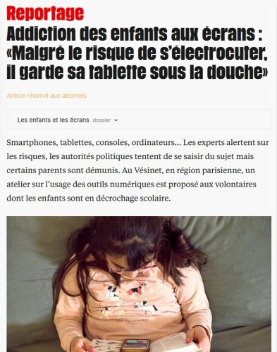 Capture d'écran de l'article titré "Addiction des enfants aux écrans : «Malgré le risque de s’électrocuter, il garde sa tablette sous la douche»" sur liberation.fr.