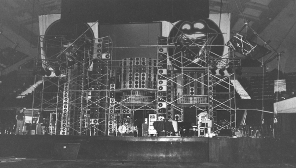 The Wall of Sound at Winterland, pre-show, February 1974, photo by Ben Haller with Dead and Stones banners behind stage