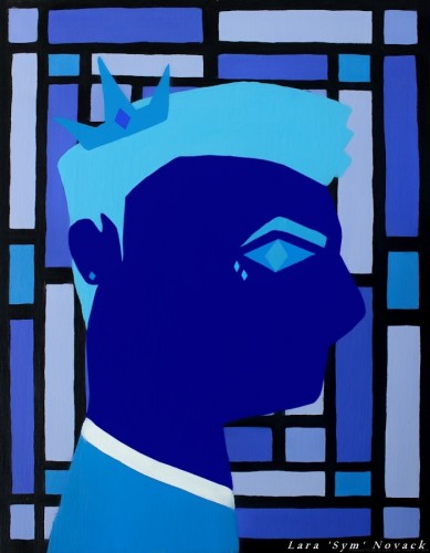 A royal portrait in monochrome blue, depicting the prince of diamonds' side profile against a backdrop of geometric stained glass.