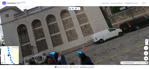Une capture d'écran qui montre une photo dans panoramax. Le bâtiment apparait penché.