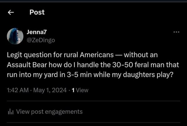 Legit question for rural Americans. Without an Assault Bear how do I handle the 30-50 feral man that run into my yard in 3-5 min while my daughters play?