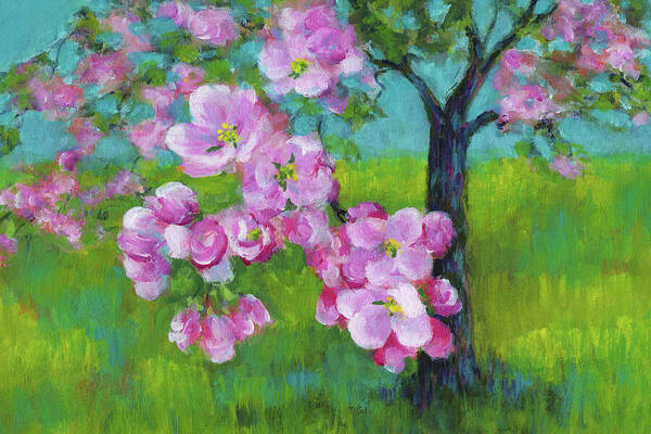 Blooming apple tree is an acrylic painting in landscape format hand-painted by the artist Karen Kaspar.
An apple tree with bright pink blossoms stands in the middle of a lush green meadow against a blue sky. The tree stretches a branch with blossoms towards the viewer, so that they appear close enough to touch and you can almost smell the enchanting scent of the apple blossom. Loose brushstrokes create a vibrant sense of texture and bring the scene to life with bright and cheerful colours.
The apple trees that stand like colourful bouquets of flowers in the spring meadows, attracting bees and insects, inspired me to create this colourful painting.