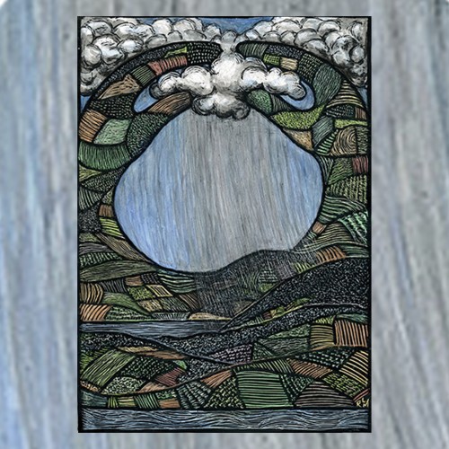 Image of a landscape, green and reminiscent of a patchwork quilt. Hands made from the earth pattern, spread above the landscape, holding clouds. It is raining, and the rain flows into a sea below the land.