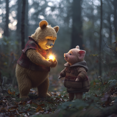 Midjourney rendering of Winnie the Pooh holding a light and Piglet in awe.


