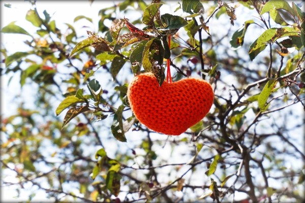 A small embroidered heart hangs from a small tree with green leaves