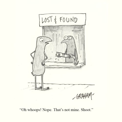 A cartoon illustration of a lizard at the Lost & Found being shown a striped tail that isn't his. 