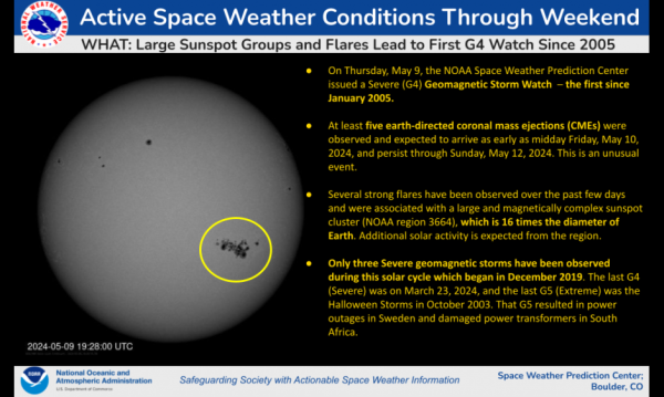 On Thursday, May 9, 2024, the NOAA Space Weather Prediction Center issued a Severe (G4) Geomagnetic Storm Watch. At least five earth-directed coronal mass ejections (CMEs) were observed and expected to arrive as early as midday Friday, May 10, 2024, and persist through Sunday, May 12, 2024. Several strong flares have been observed over the past few days and were associated with a large and magnetically complex sunspot cluster (NOAA region 3664), which is 16 times the diameter of Earth.