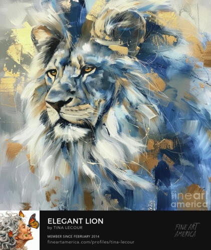 This is a mixed media digital art painting of a portrait of a majestic lion done in shades of blue and white with gold flecks of paint. 