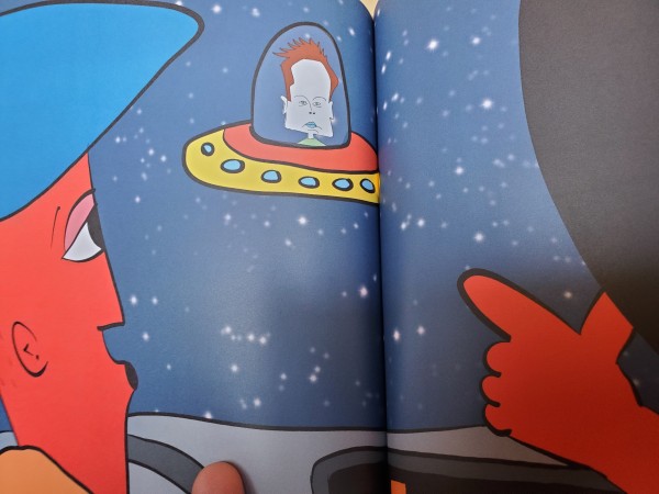Illustration from a children's book.  The characters (kids) are flying through space and pass a flying saucer with an unflattering  caricature of Elon Musk in it.  😂