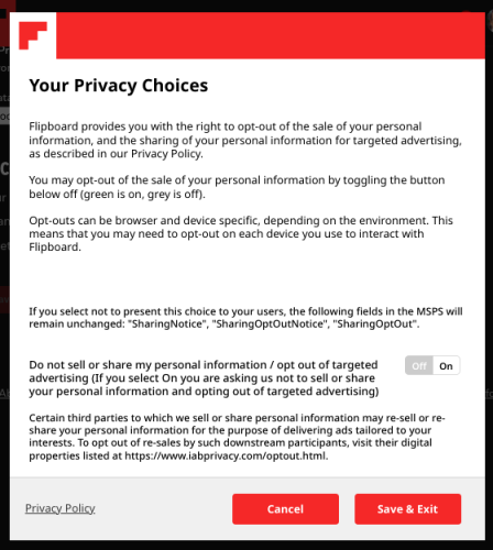 A screenshot of Flipboard's “Do Not Sell My Information” footer link.