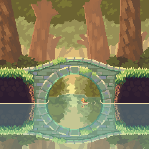 Pixel art: side-view of a stone bridge in a warm-lit forest. A surrounding pond reflects the scene