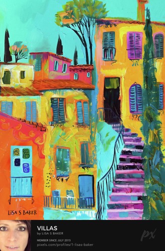 Vibrant colors bring to life a whimsical scene of rustic buildings with a staircase winding up the composition. Shutters, balconies, and the textured walls cast an inviting Mediterranean or Southern European ambiance.
