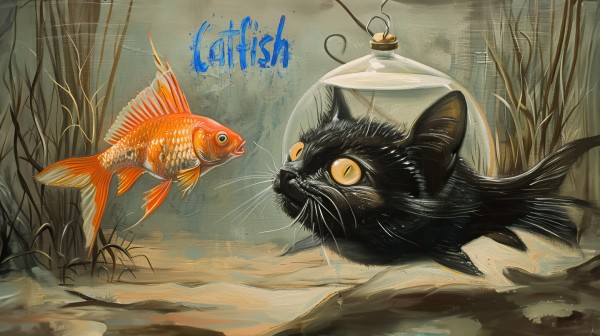 Painting of a cat-like fish staring at a goldfish.