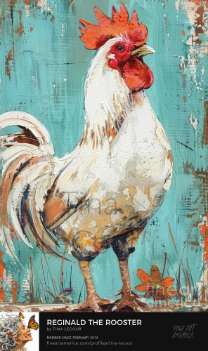 This is an acrylic painting of a white rooster with a teal wooden background using added digital textures and overlays. 
