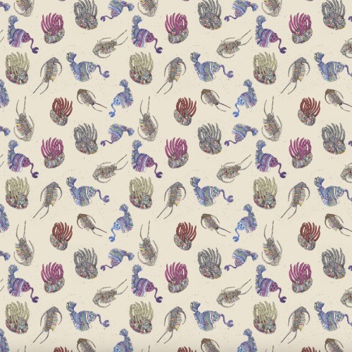 The same pattern repeated many times. The image repeated is a square image of a of my linocuts of three Cambrian invertebrates, each printed with each section on a different patterned and coloured Japanese washi paper. The background is sand coloured with brown speckles. The animals are in multiple colours. The animals are spiky ovoid Wiwaxia, Opabinia (somewhat like a shrimp with 5 eyes on stalks and a trunk like tubular proboscis with grasping claws) and the trilobite Cheirurus ingricus.