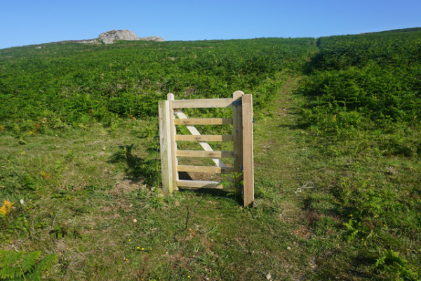 A freestanding wooden gate across a path in a field. You could easily walk around it (it doesn't even span the entire walking path)