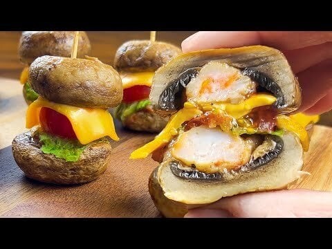 🍔 Super Juicy One Bite Shrimp Burger with Mushrooms!