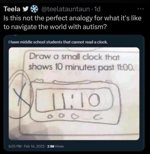 A post wit the text 'Is this not the perfect analogy for what it's like to navigate the world with autism'
Above a picture of a post  that sais 'I have a middle school student that cannot read a clock' above a picture of a test question that sais 'Draw a small clock that shows 10 minuted past 11:00.' 
And the student drew a digital clock with '11:10' on it.