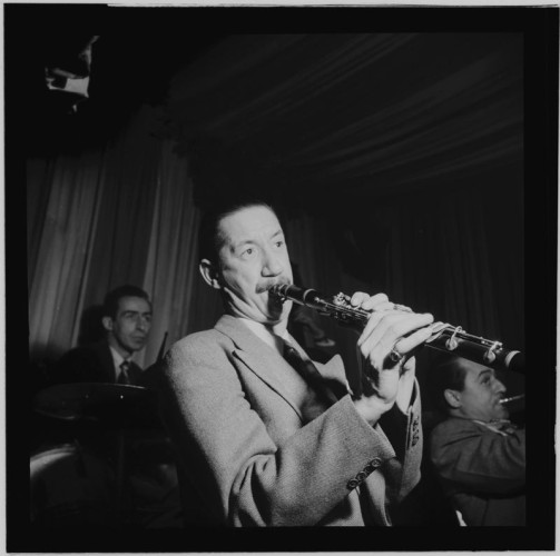 Portrait of Pee Wee Russell, Dave Tough, and Max Kaminsky, Eddie Condon's, New York, N.Y., between 1946 and 1948