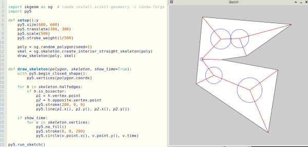 captura de tela mostrando código Python a esquerda e um polígono branco em um fundo cinza, com "esqueleto" em vermelho... lembra as cumeeiras de um telhado. Também há círculos vazados azuis nas intersecções.