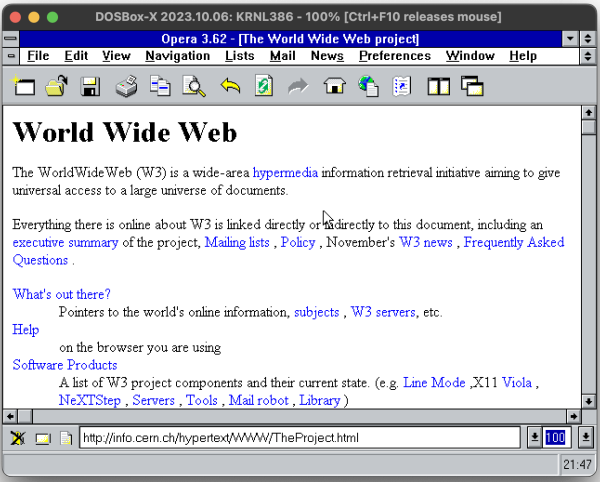 Screenshot of Win 3.11 VM. Opera browser showing the first webpage, info.cern.ch. which explains the World Wide Web.