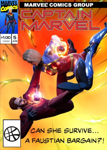 A fake comic book cover mocked up by Midnight Suns. It bears a variety of mismatched touches, such as the bold block lettered "MARVEL COMICS GROUP" bar above the title, the modern Captain Marvel logo. The corner features a 90s Marvel Comics logo and it's priced as $1.00 again suggesting the 90s, along with a picture of modern Cap. The bar code/postage stamp features a Doctor Strange logo. The cover itself features Carol, fists blazing with quantum energy as she pummels the shit out of Dr. Faustus, an ordinary human and scientist wearing a double-breasted suit with a hydra lapel pin. Below that in comic sans font is the tagline "Can she survive... A faustian bargain?!"