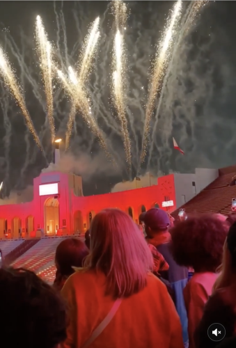 view from behind spectators gazing up at Fireworks shooting up banks of seats in the LA Coliseum at night. My screenshot from New York Times video
