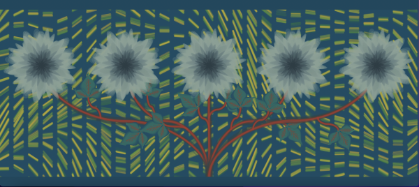 Painterly stem splitting off on curves into evenly spaced dahlia-esque flower heads. Pattern behind of chalk-like lines in columns. The lines are at angles and form a sort of wave like design. Blue centered white flowers, orange red stems, back ground of yellow on brighter blue.