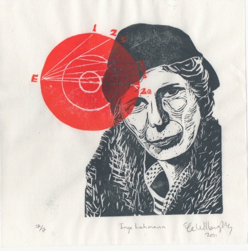 Square linocut print on white paper of seismologist Inge Lehmann in a fur coat, silk scarf and dapper hat, in dark grey-teal ink overprinted with her diagram of the cross-section of the Earth in orange and red from her P’ paper, showing the mantle, outer core and inner core, an earthquake epicentre marker E and labelled ray paths through the Earth.