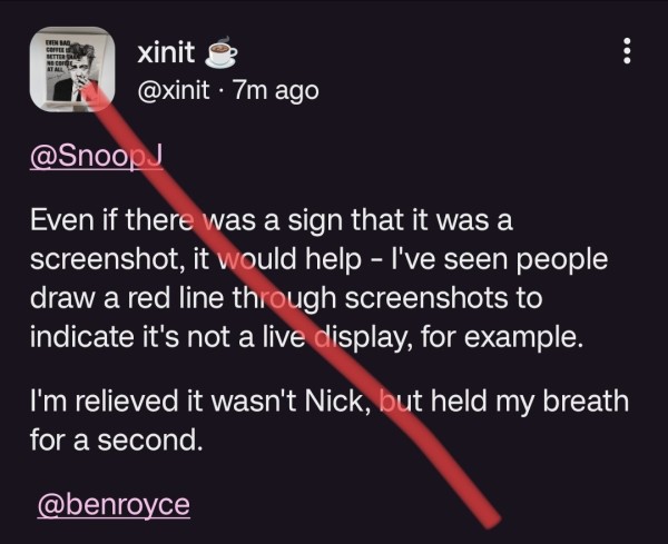 An example screenshot of one of my posts from this thread with a visual indication that it's not an actual post, with a red line scrawled diagonally through the image.