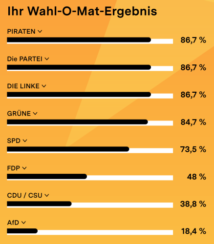 Wahlomat Ergebnis:

Piraten
Partei
Linke
Grüne - 80+%
SPD - 73%
FDP - 48%
CDU/CSU - 38%
AfD - 18%