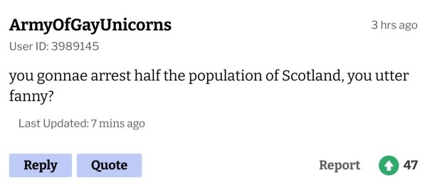 From "ArmyOfGayUnicorns", The National, 13/5/24

"Ye gonnae arrest half the population of Scotland, you utter fanny?" 