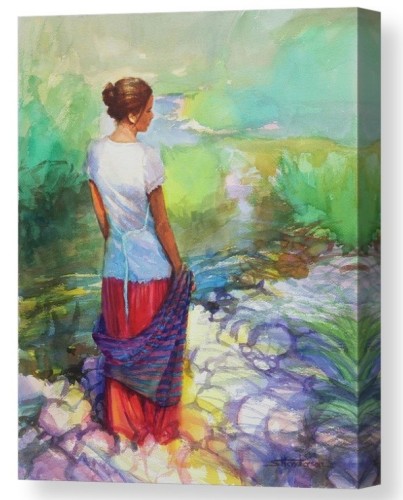 Canvas print of an original watercolor painting depicting a young woman standing thoughtfully by the river.