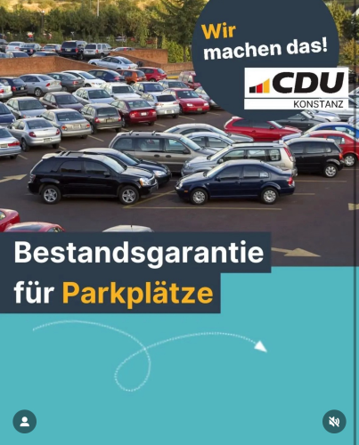 CDU Wahlplakat mit riesig großem Parkplatz voller Autos ohne Grün. Spruch: Bestandsgarantie für Parkplätze.